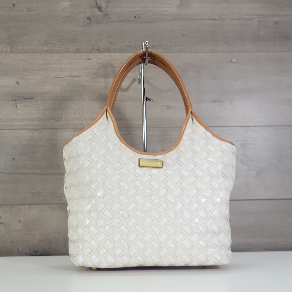 Brahmin Off-White Woven Leather Tote Bag with Tan Handles